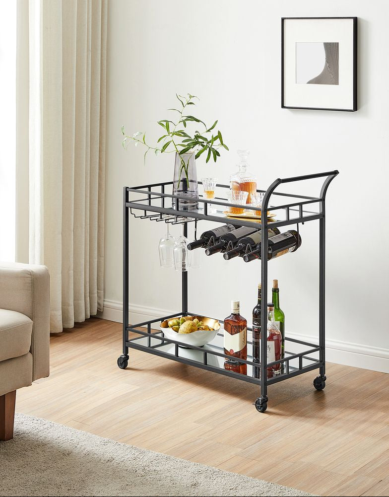 Bar Cart with Mirrored Shelves and Wine Glass Holders