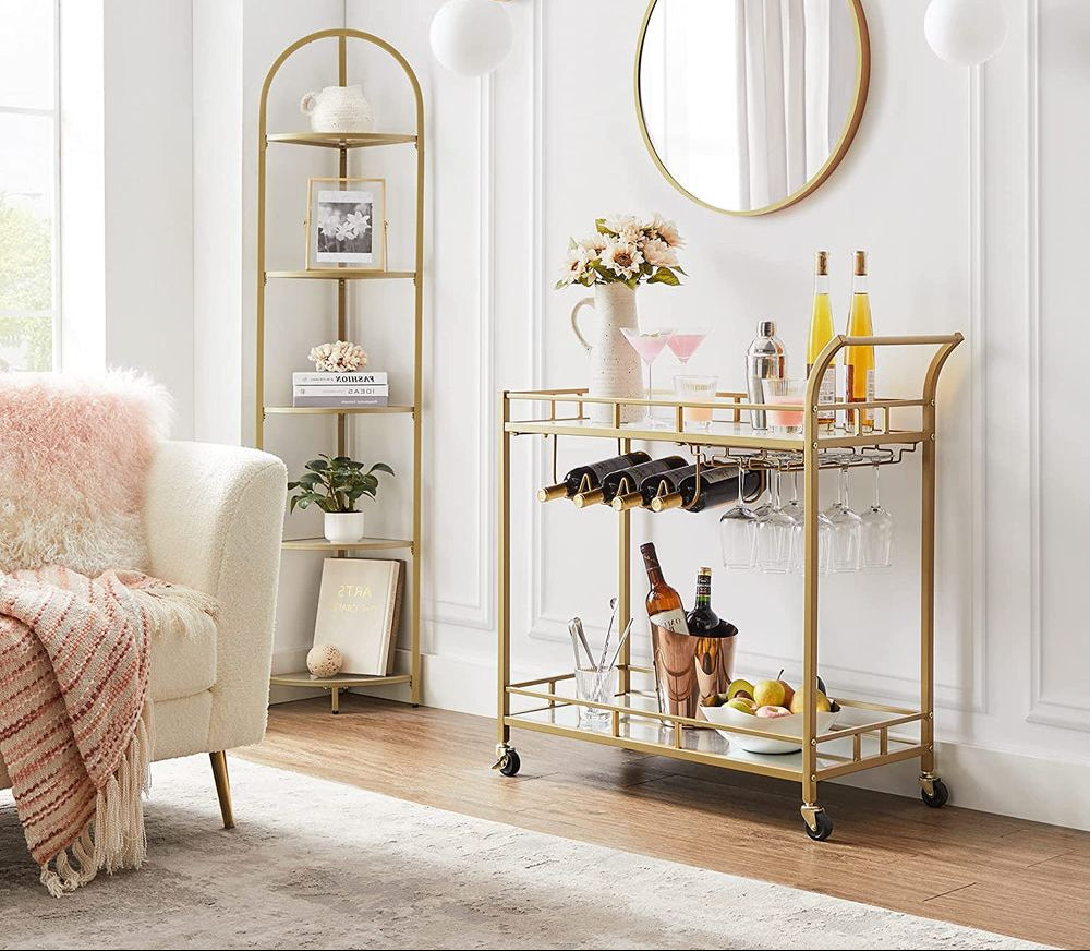 Bar Cart with Mirrored Shelves and Wine Glass Holders