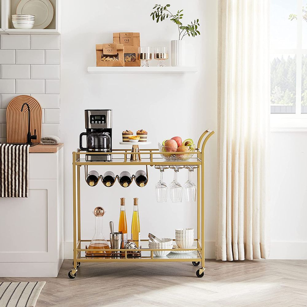 Bar Cart with Mirrored Shelves and Wine Glass Holders