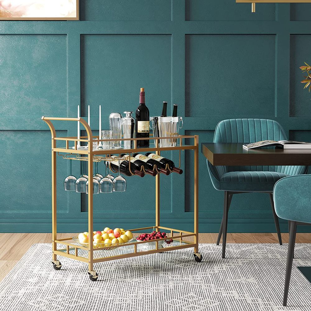 Bar Cart with Mirrored Shelves and Wine Glass Holders