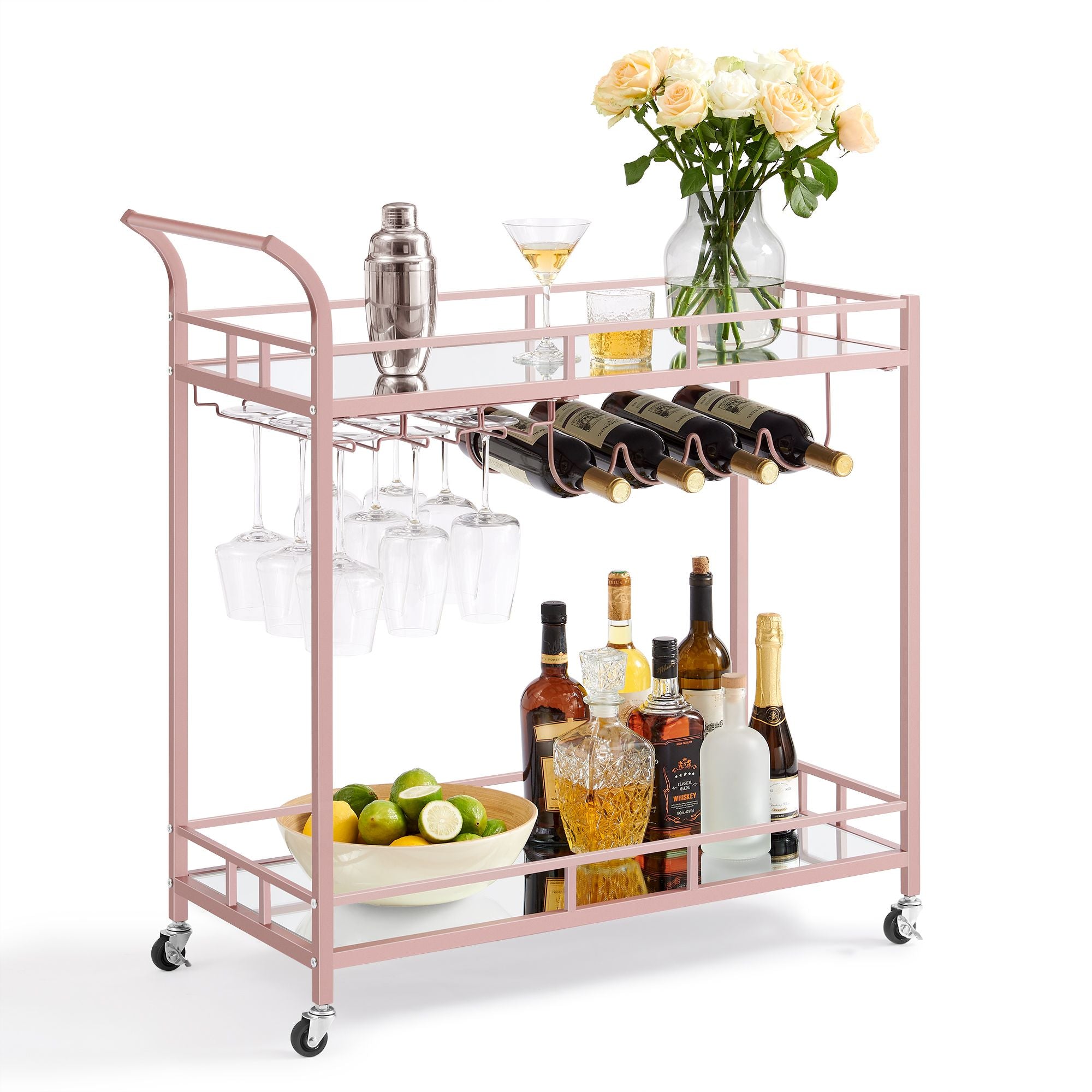 Bar Cart with Mirrored Shelves and Wine Glass Holders