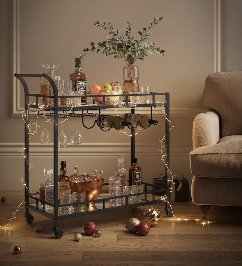Bar Cart with Mirrored Shelves and Wine Glass Holders