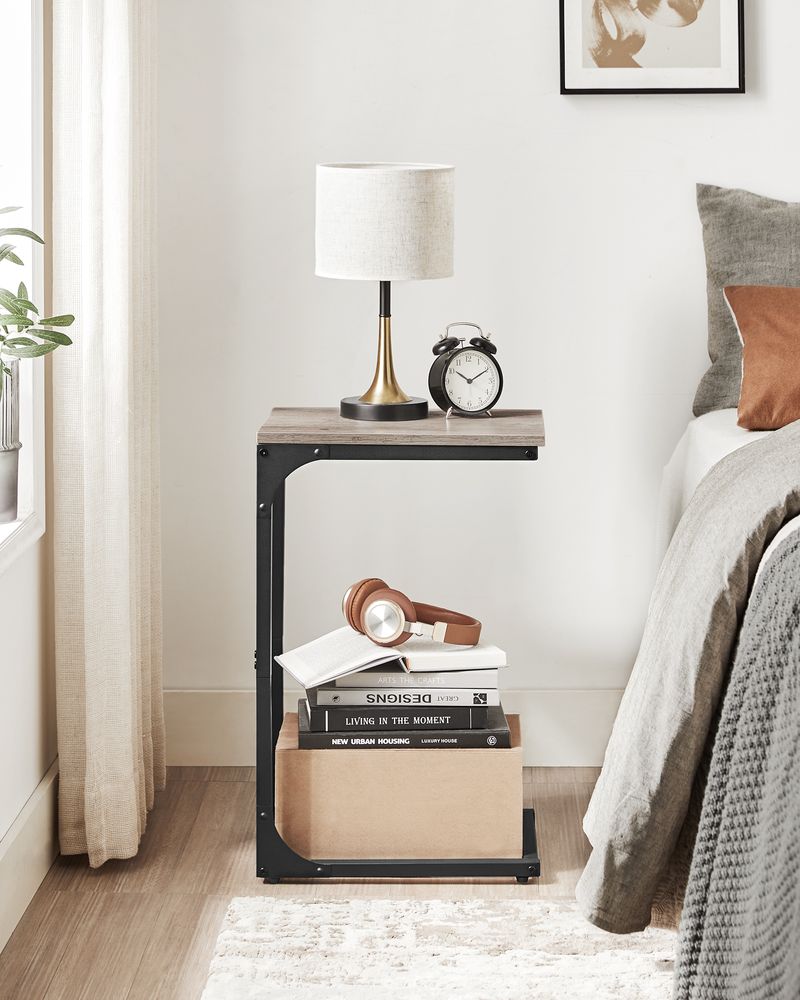 C-Shaped End Table with Steel Frame and Open Base