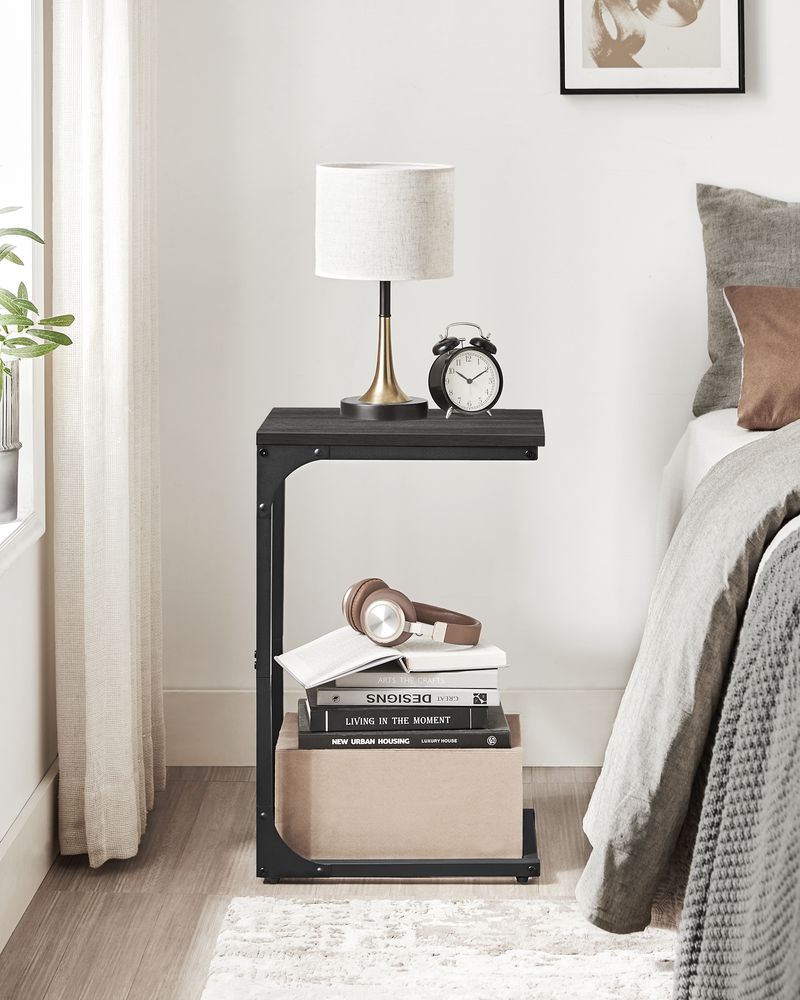 C-Shaped End Table with Steel Frame and Open Base