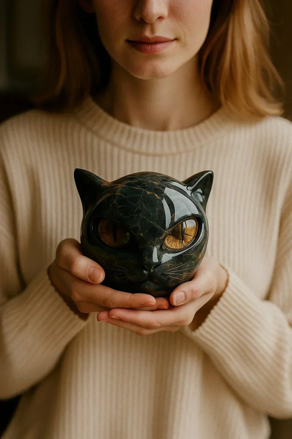 Cat Head Sculpture with Glossy Resin Finish