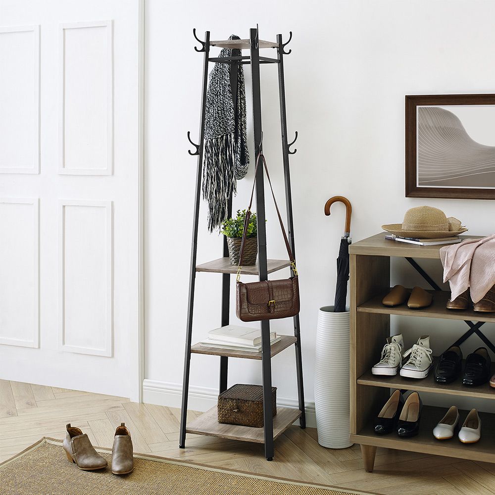 Coat Stand with Storage Shelves and Hanging Hooks