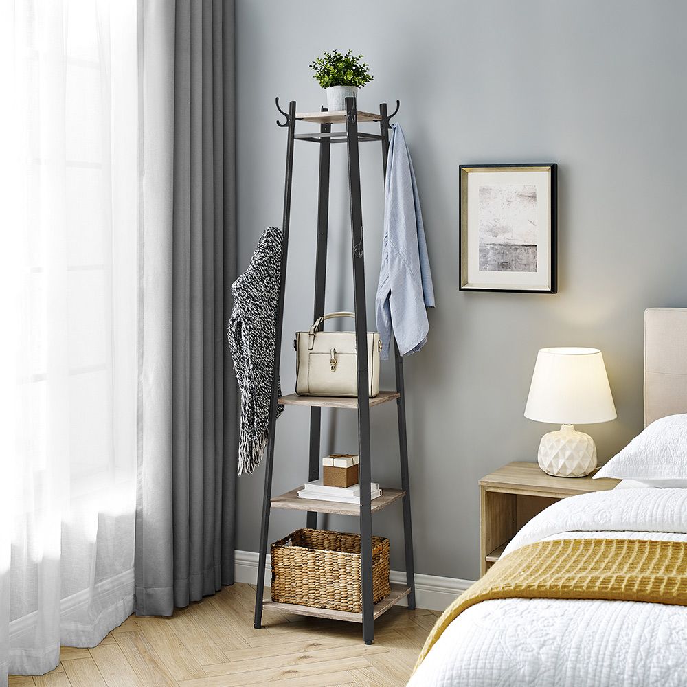 Coat Stand with Storage Shelves and Hanging Hooks