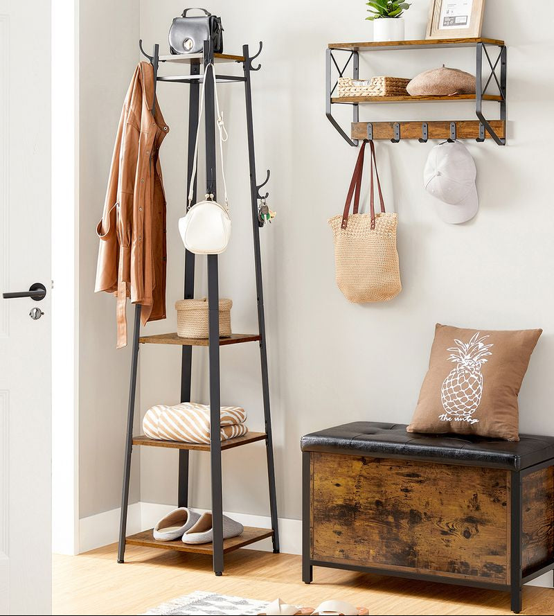 Coat Stand with Storage Shelves and Hanging Hooks
