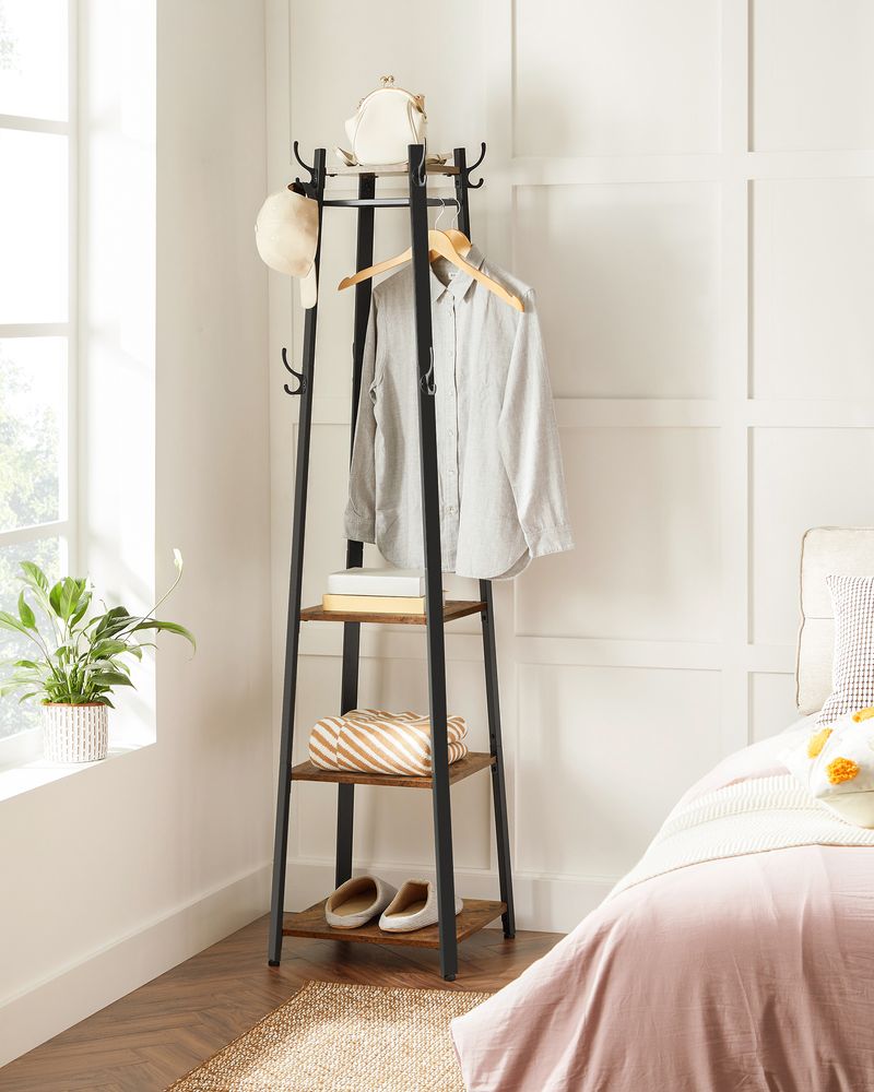 Coat Stand with Storage Shelves and Hanging Hooks