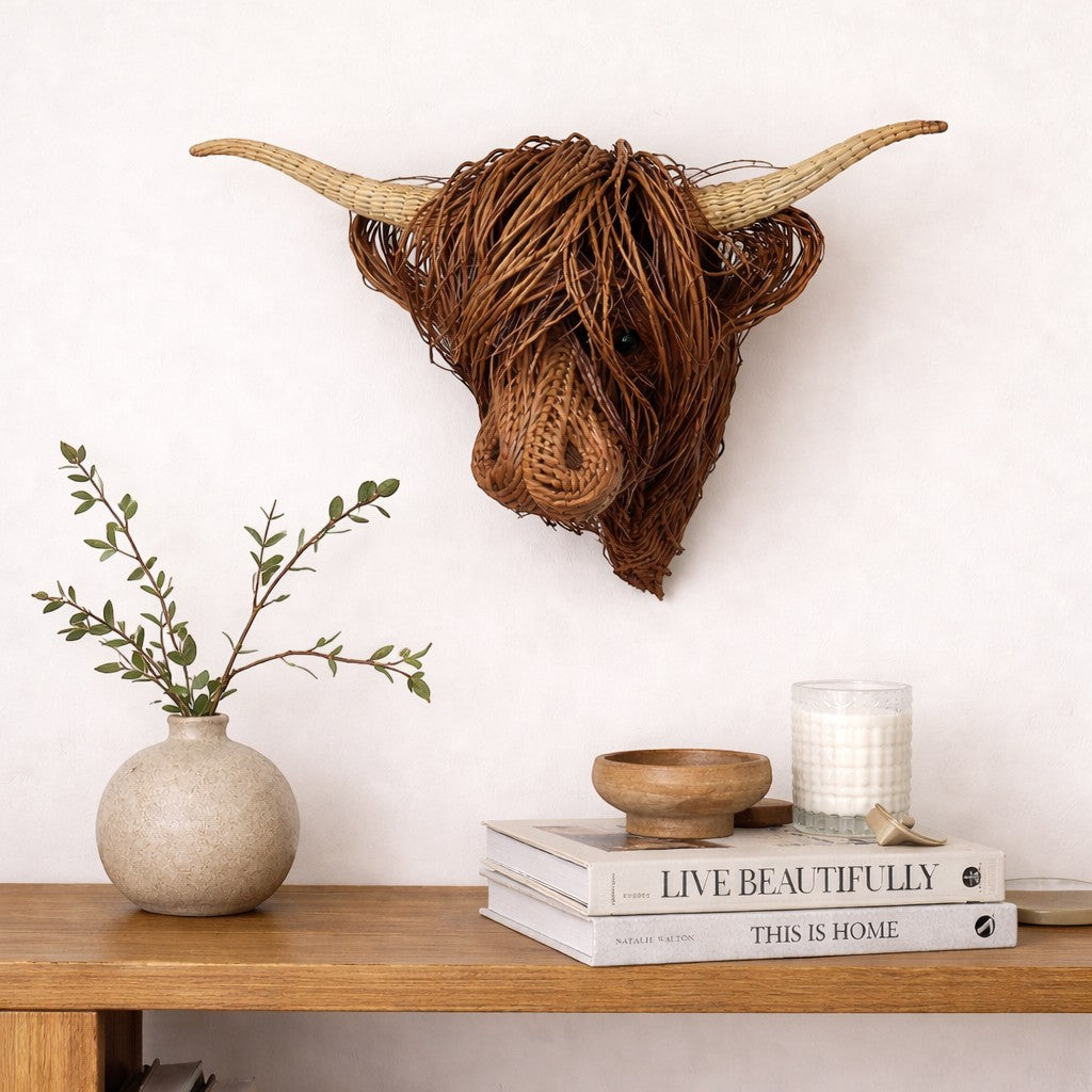 Highland Cow Wall Sculpture with Woven Willow