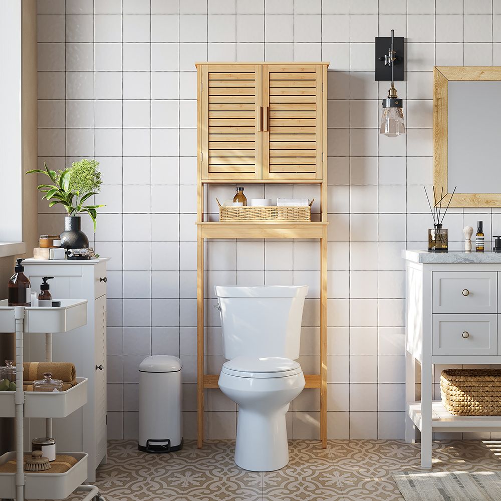 Over the Toilet Storage Cabinet Bamboo Shelves Double Doors