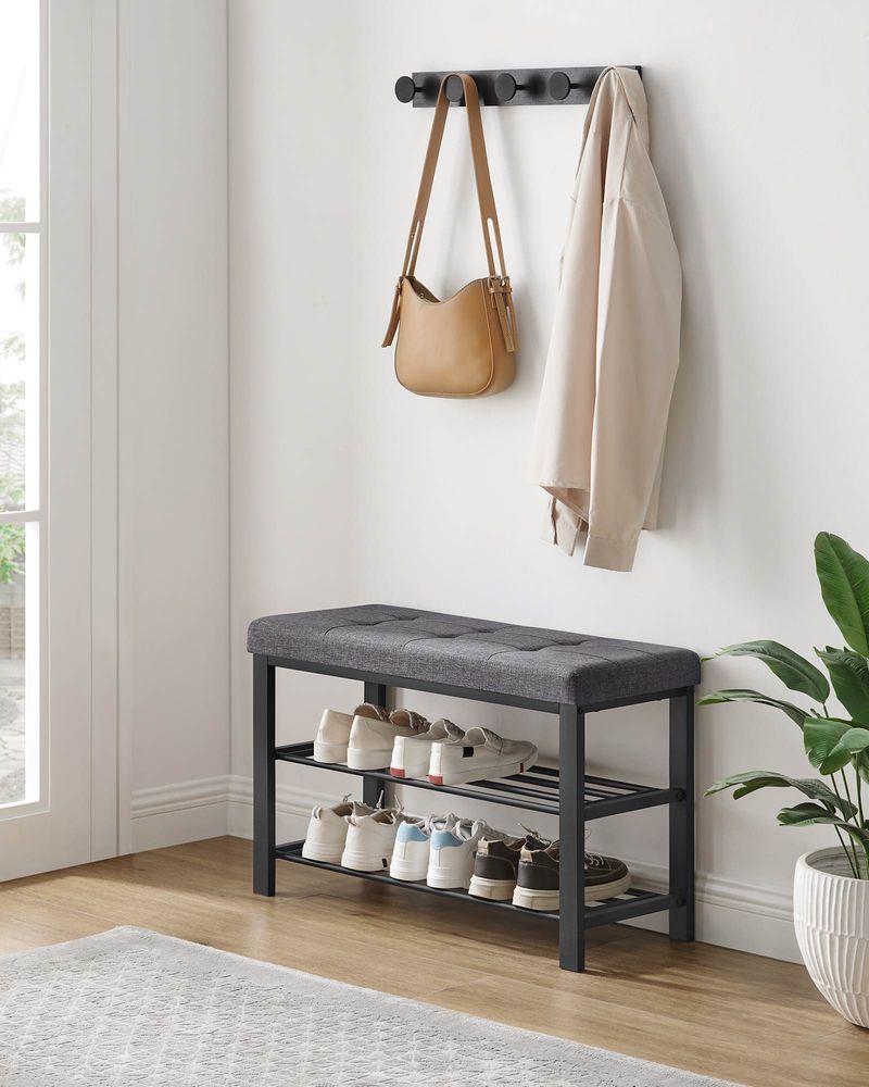 Shoe Bench with Cushioned Seat and Two Tier Shoe Storage