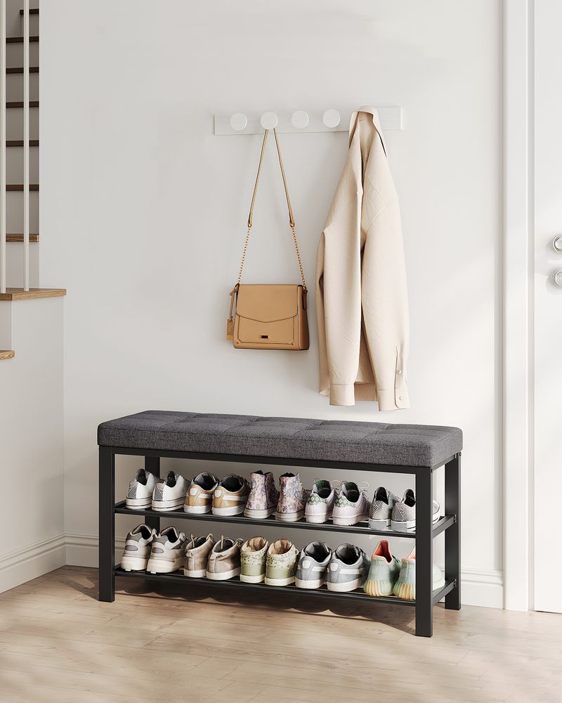 Shoe Bench with Cushioned Seat and Two Tier Shoe Storage
