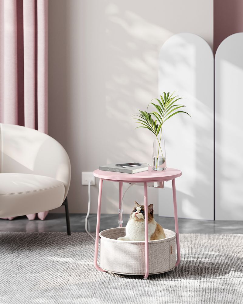 Side Table Charging Station Fabric Storage Basket