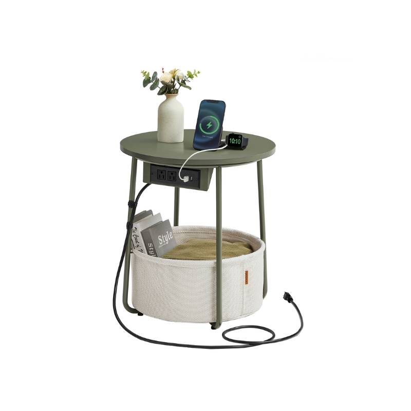 Side Table Charging Station Fabric Storage Basket