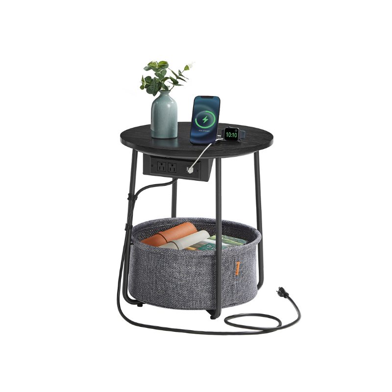 Side Table Charging Station Fabric Storage Basket