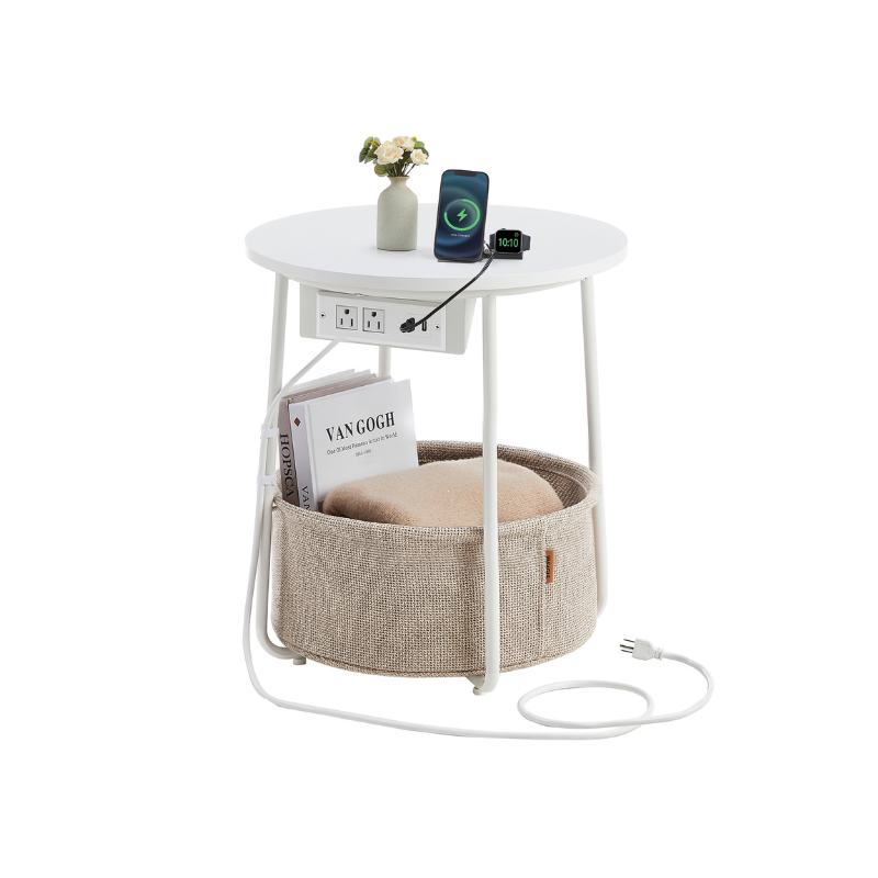 Side Table Charging Station Fabric Storage Basket