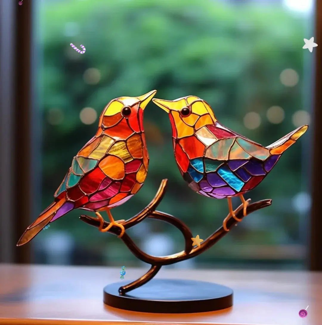 Stained Glass Bird Decoration with Branch Stand