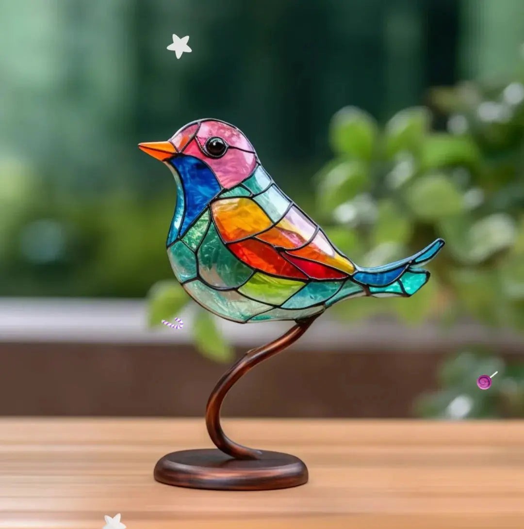 Stained Glass Bird Decoration with Branch Stand