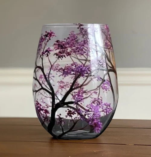 Stemmed Wine Glass with Hand Painted Tree Design