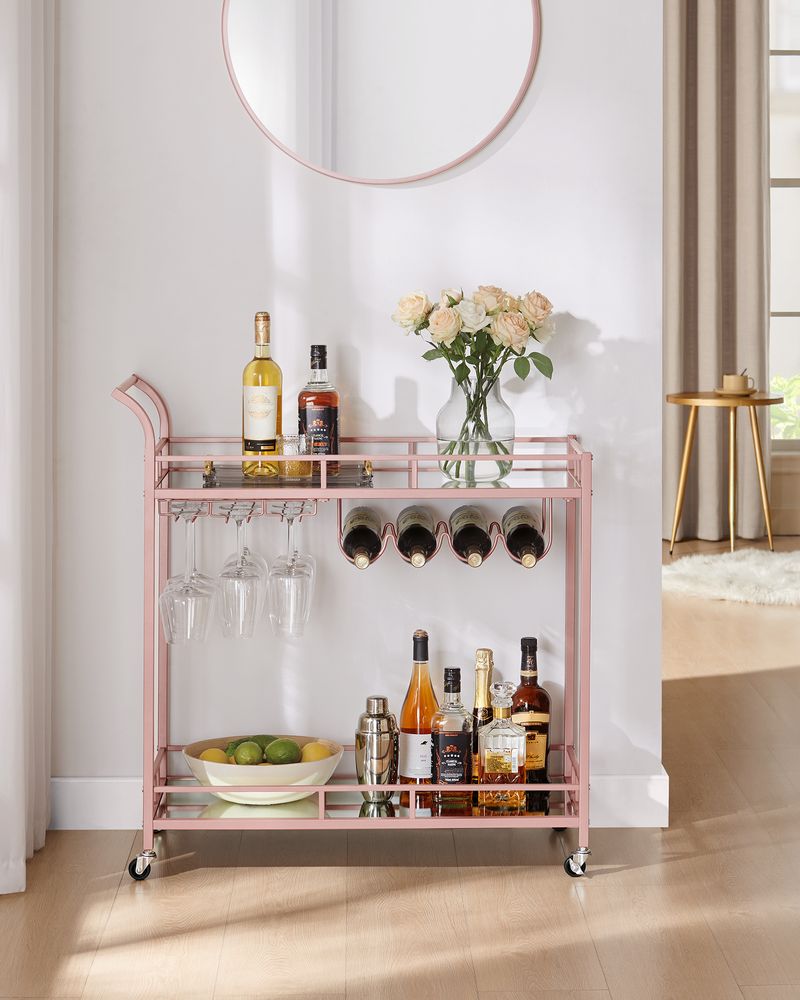 Bar Cart with Mirrored Shelves and Wine Glass Holders