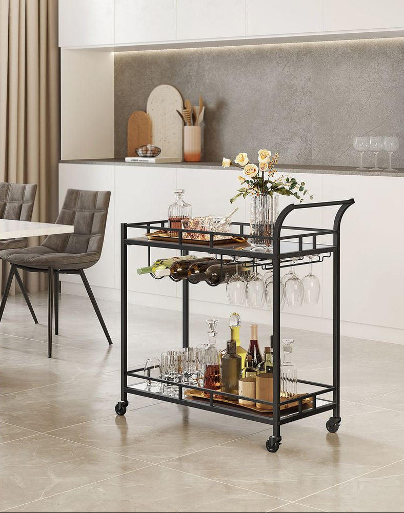 Bar Cart with Mirrored Shelves and Wine Glass Holders