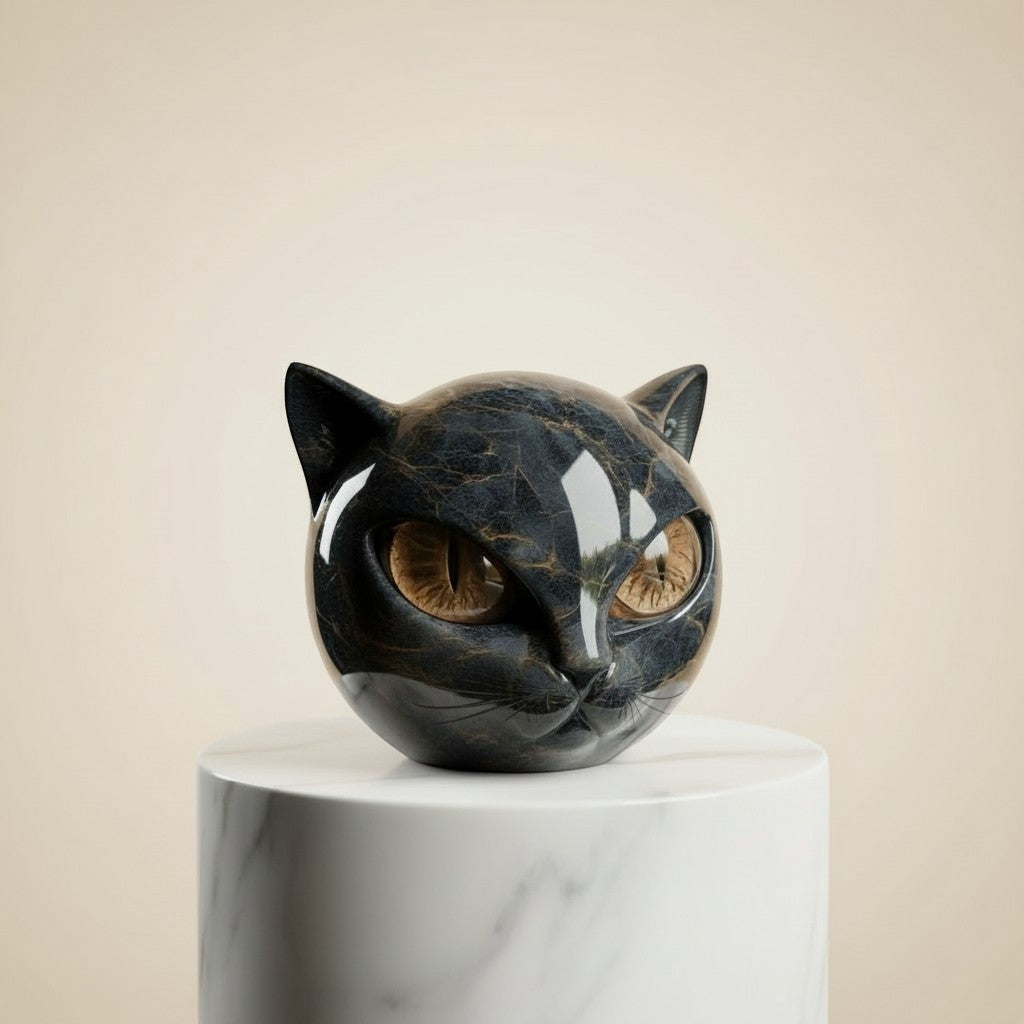 Cat Head Sculpture with Glossy Resin Finish