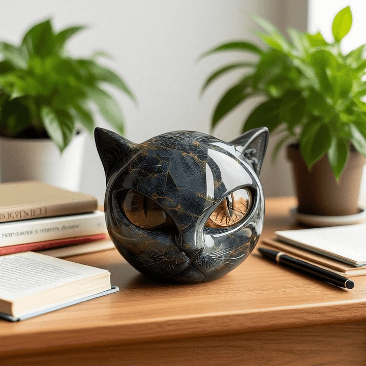 Cat Head Sculpture with Glossy Resin Finish