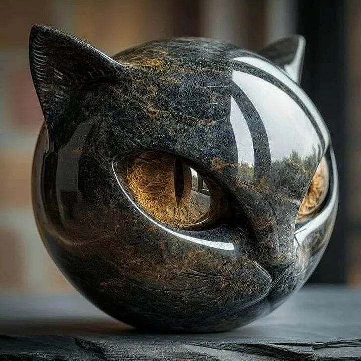 Cat Head Sculpture with Glossy Resin Finish