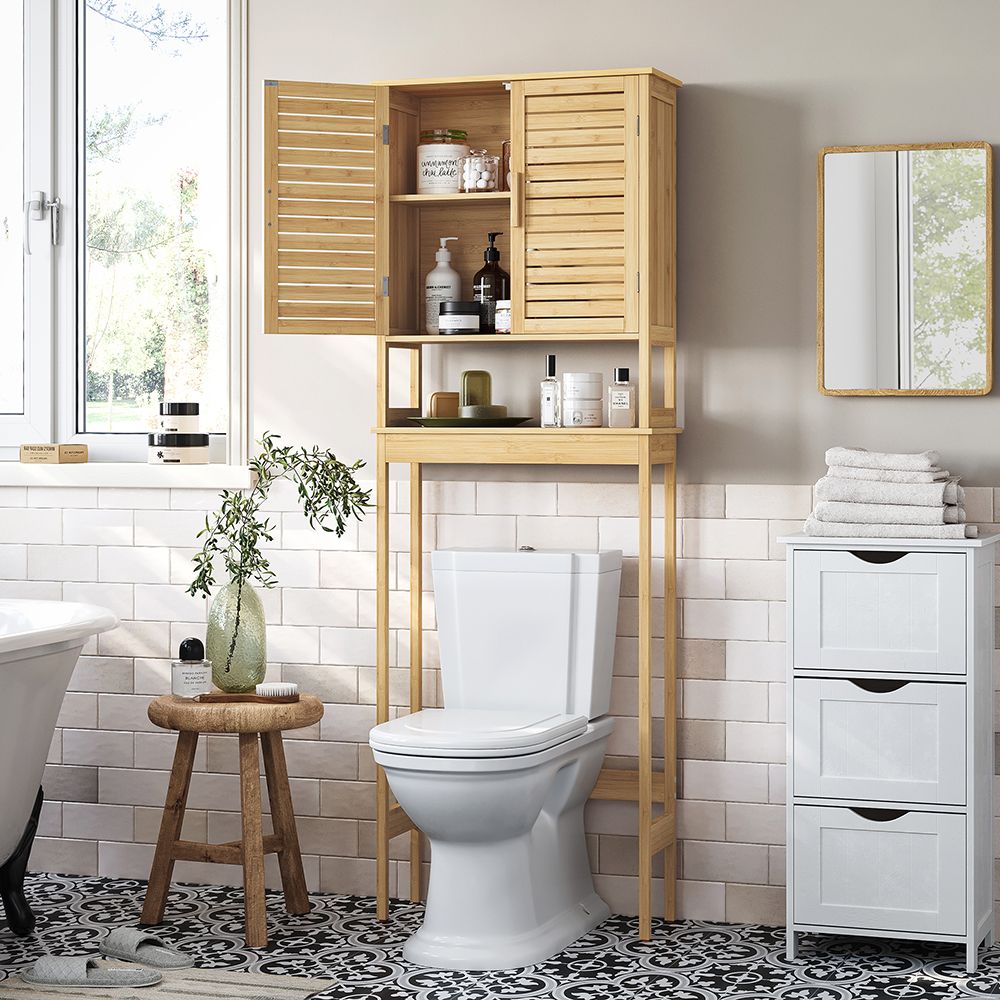 Over the Toilet Storage Cabinet Bamboo Shelves Double Doors