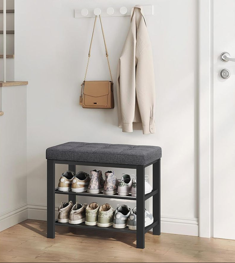Shoe Bench with Cushioned Seat and Two Tier Shoe Storage
