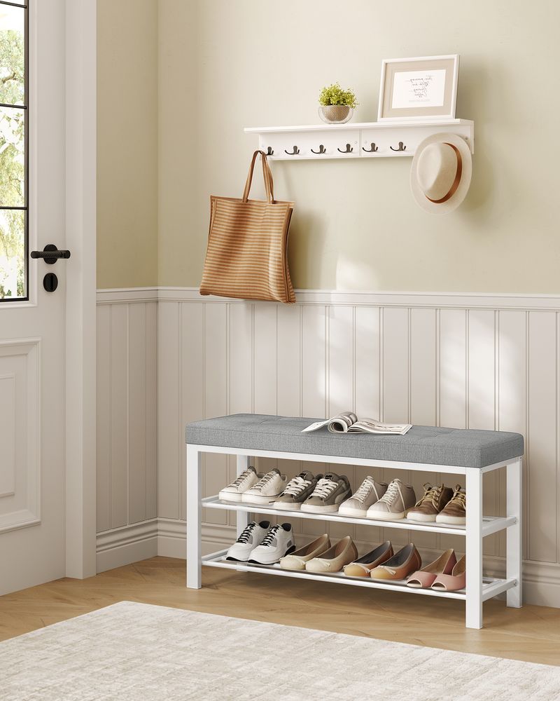 Shoe Bench with Cushioned Seat and Two Tier Shoe Storage