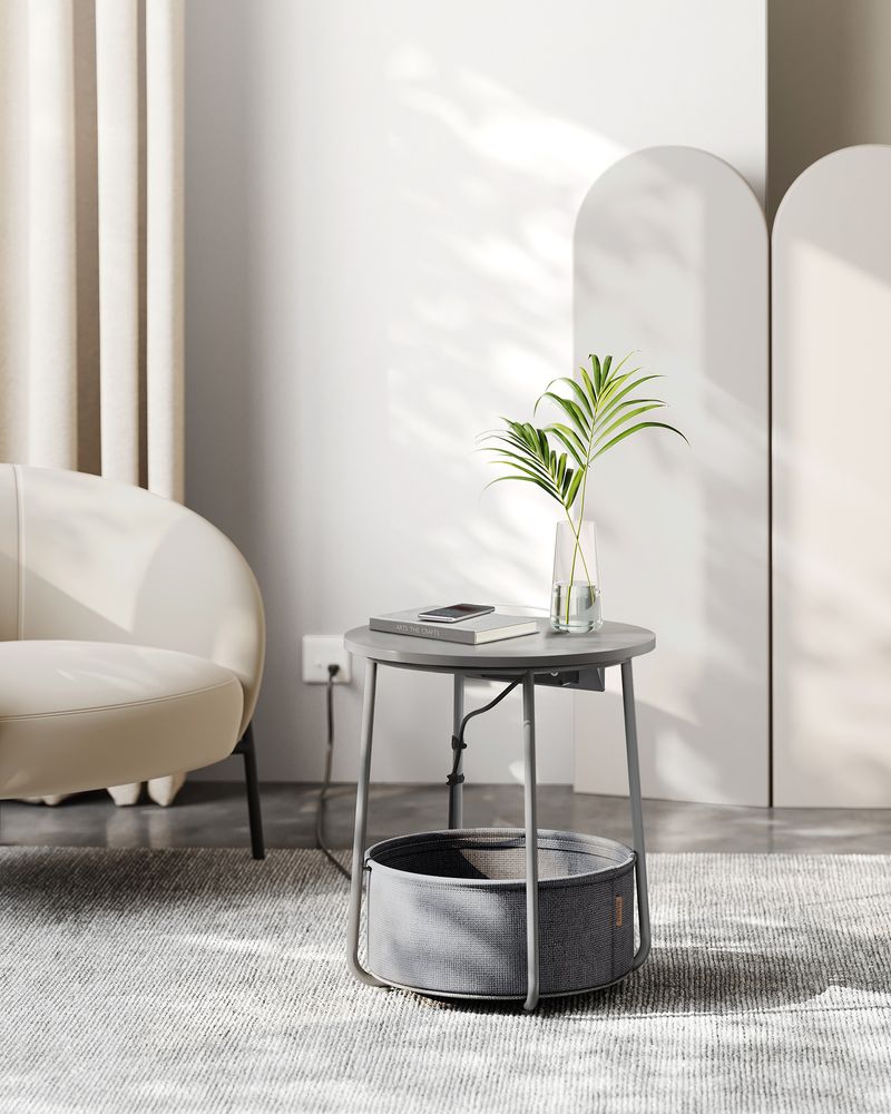 Side Table Charging Station Fabric Storage Basket