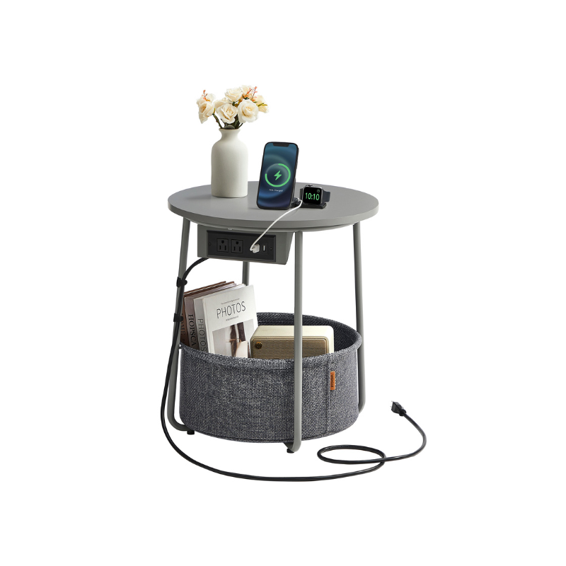 Side Table Charging Station Fabric Storage Basket