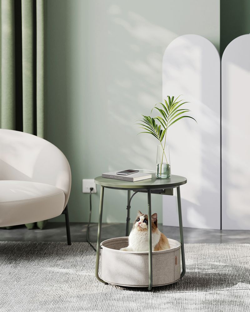 Side Table Charging Station Fabric Storage Basket