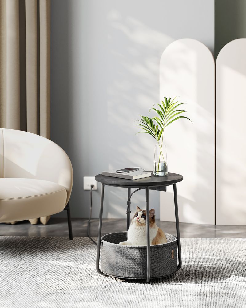 Side Table Charging Station Fabric Storage Basket