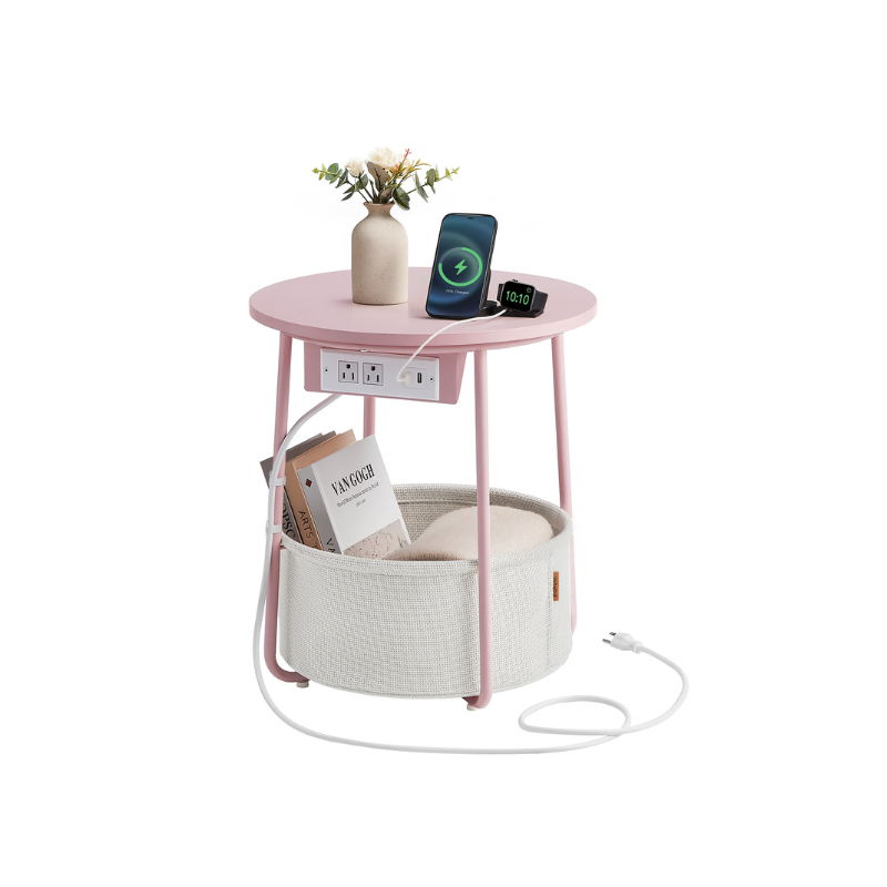 Side Table Charging Station Fabric Storage Basket