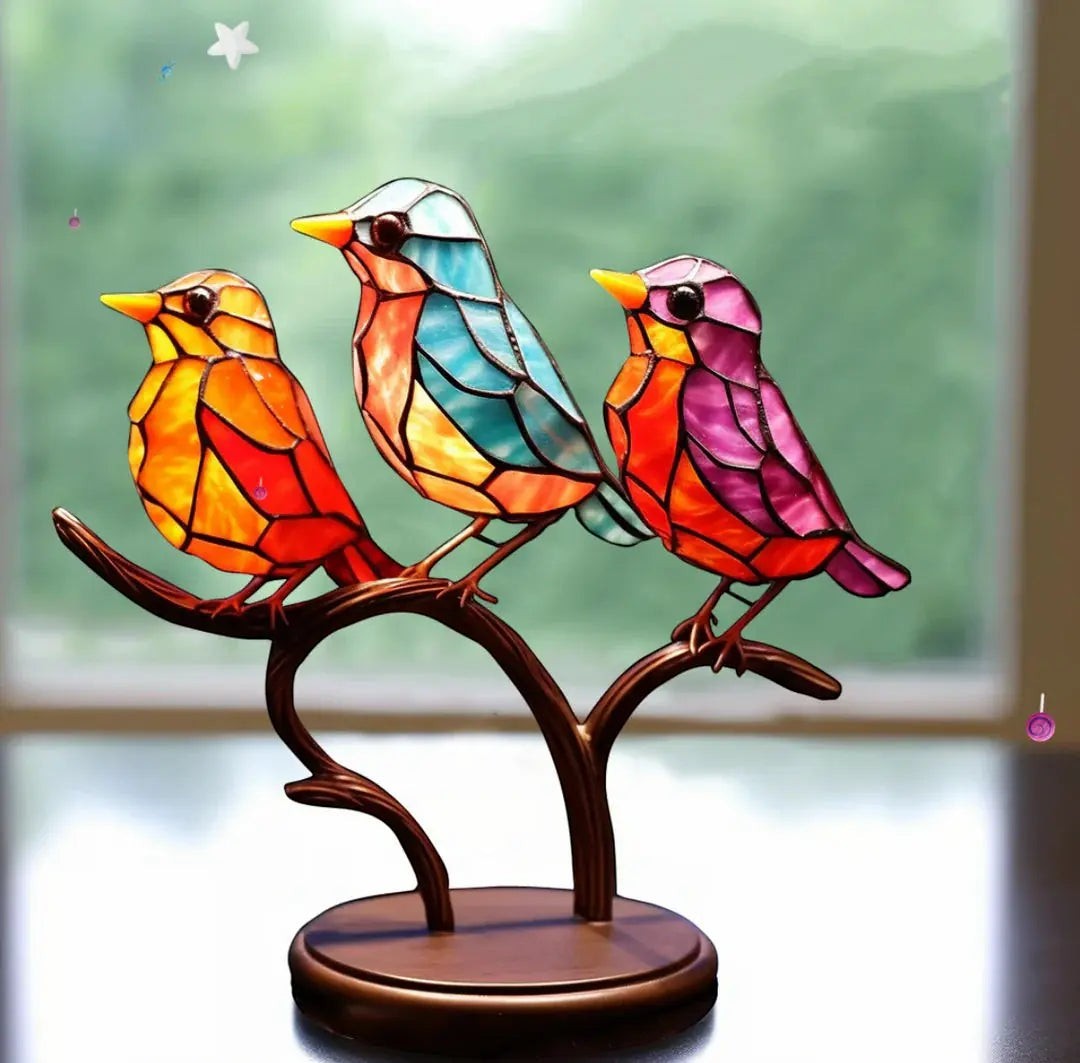 Stained Glass Bird Decoration with Branch Stand