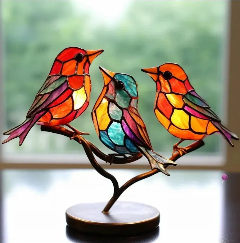 Stained Glass Bird Decoration with Branch Stand