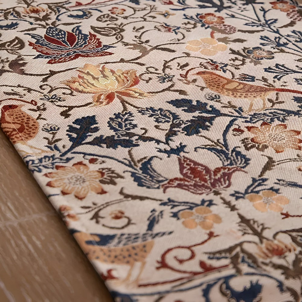 Table Runner with Floral and Bird Pattern and Tassel Trim
